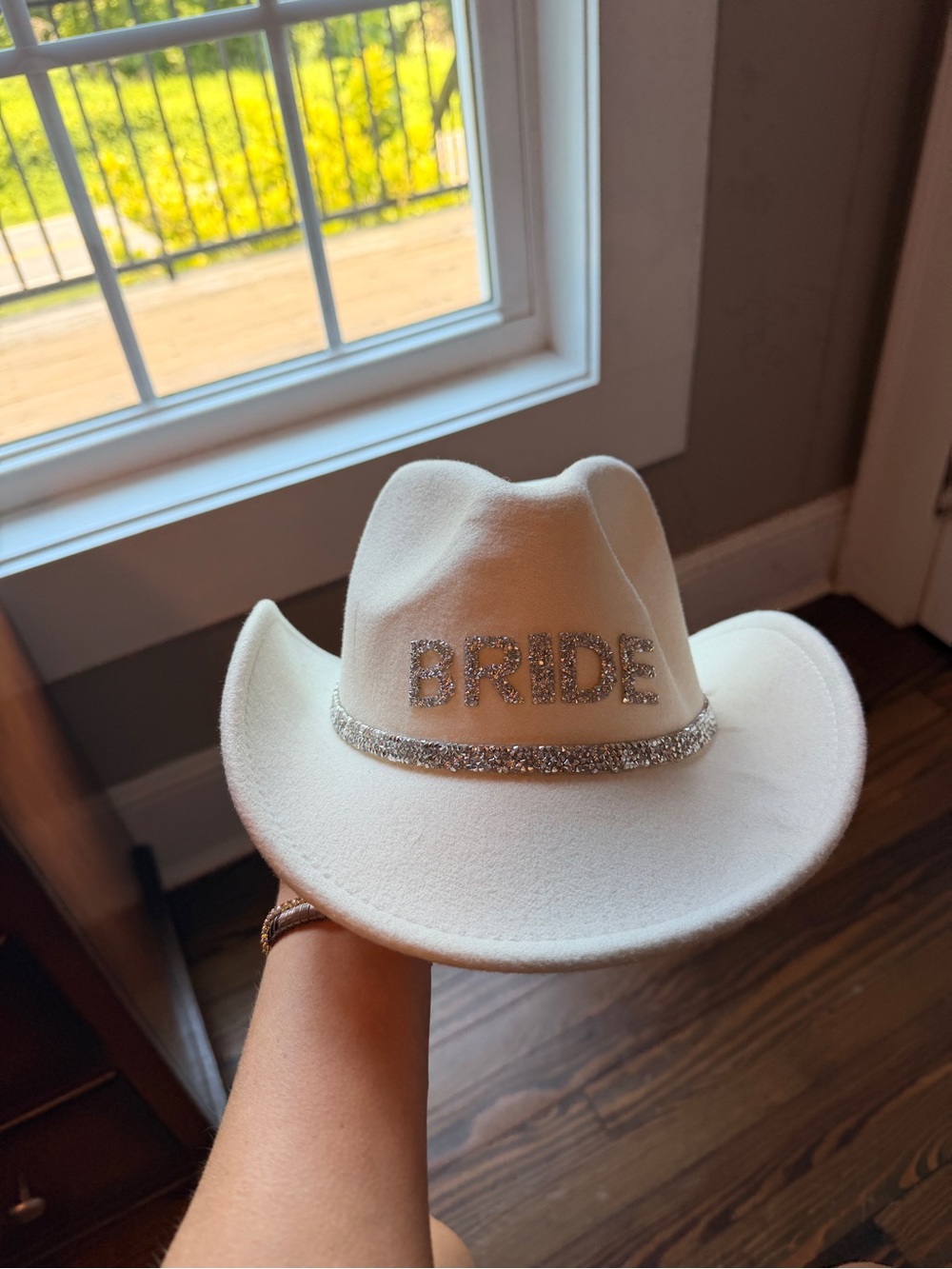 White Bride Cowboy Hat with Rhinestone Band